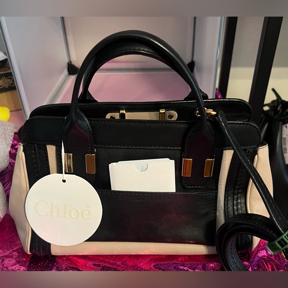 Chloé Alice handbag featuring a black and beige leather design. Crossbody EUC